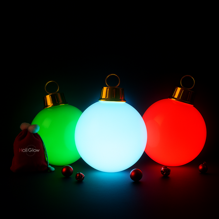 Three glowing Christmas ornaments in green, white, and red on a dark background with 'HoliGlow' branding.
