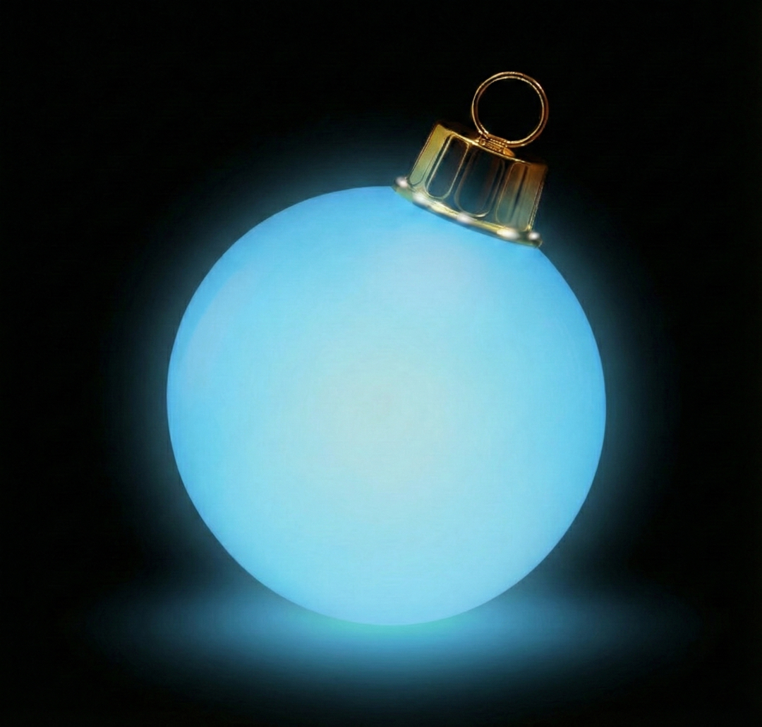Glowing blue Christmas ornament on a black background
