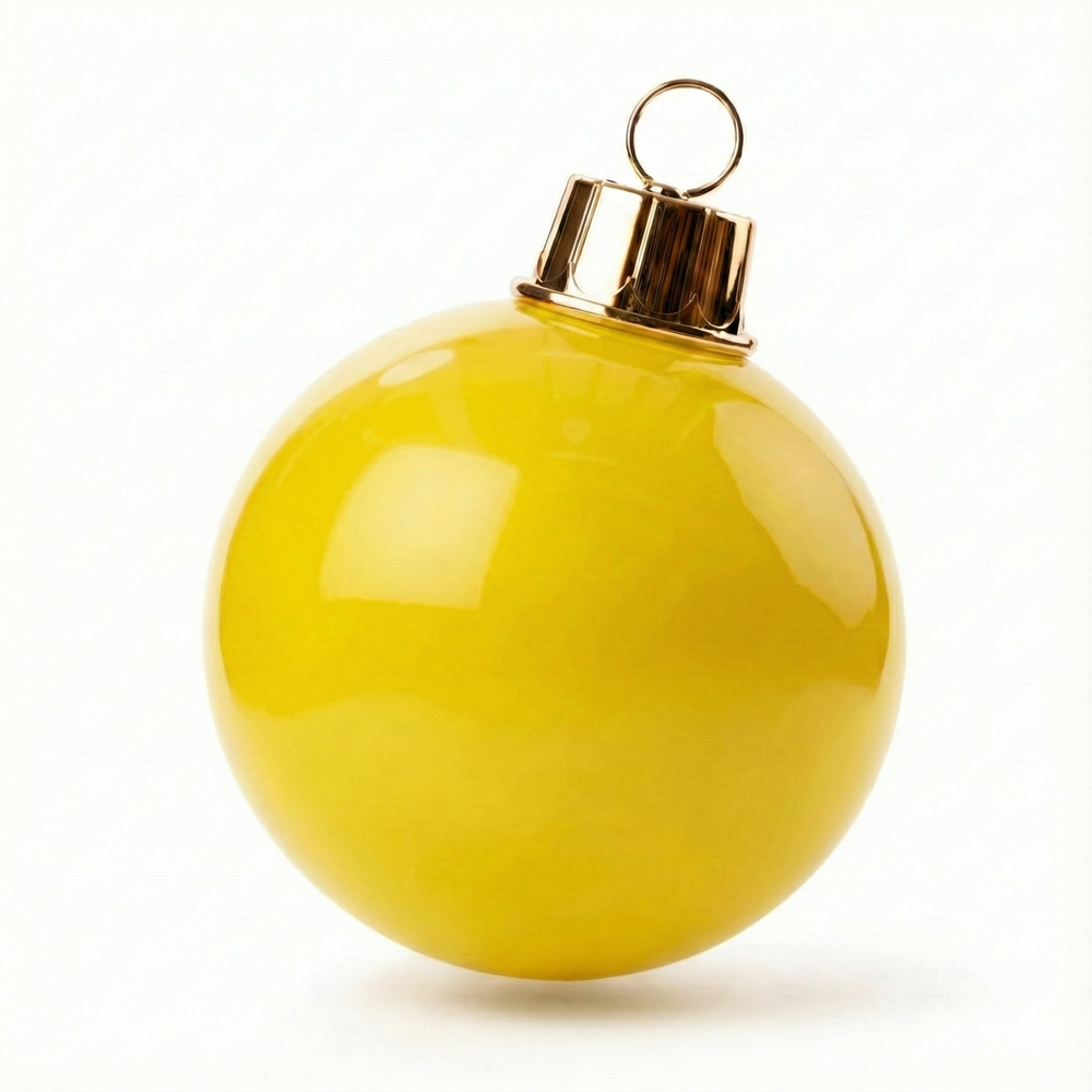 Yellow Christmas ornament with gold cap on a white background